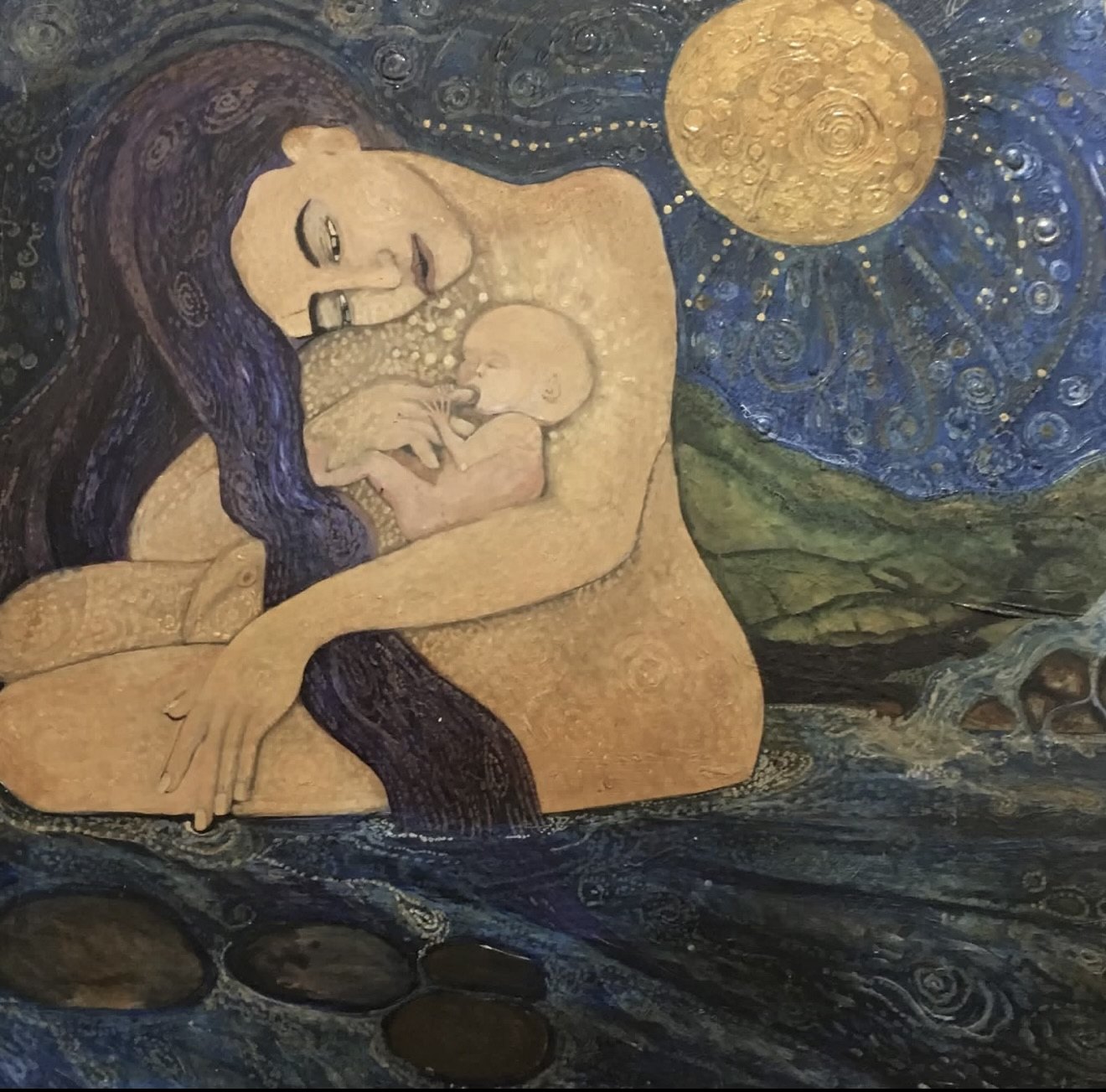 Original painting of mother and child beneath a golden moon